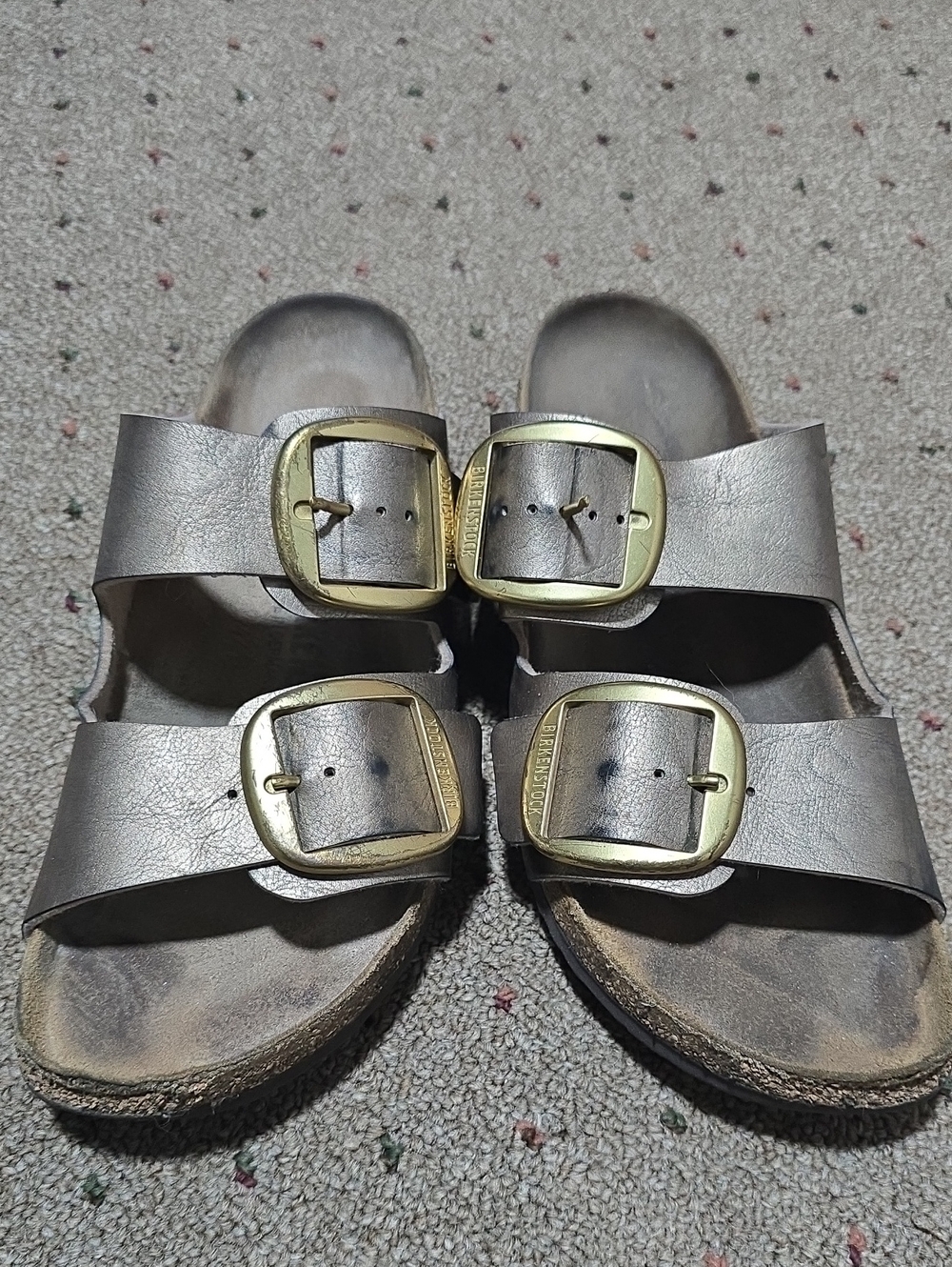 Birkenstock Double Buckle Slide Sandals in Metallic Silver